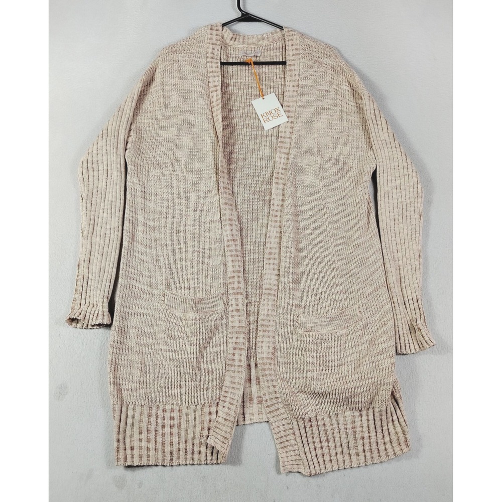 Knox Rose Cardigan Sweater Womens Medium Taupe Open Front Knit Pockets Cozy